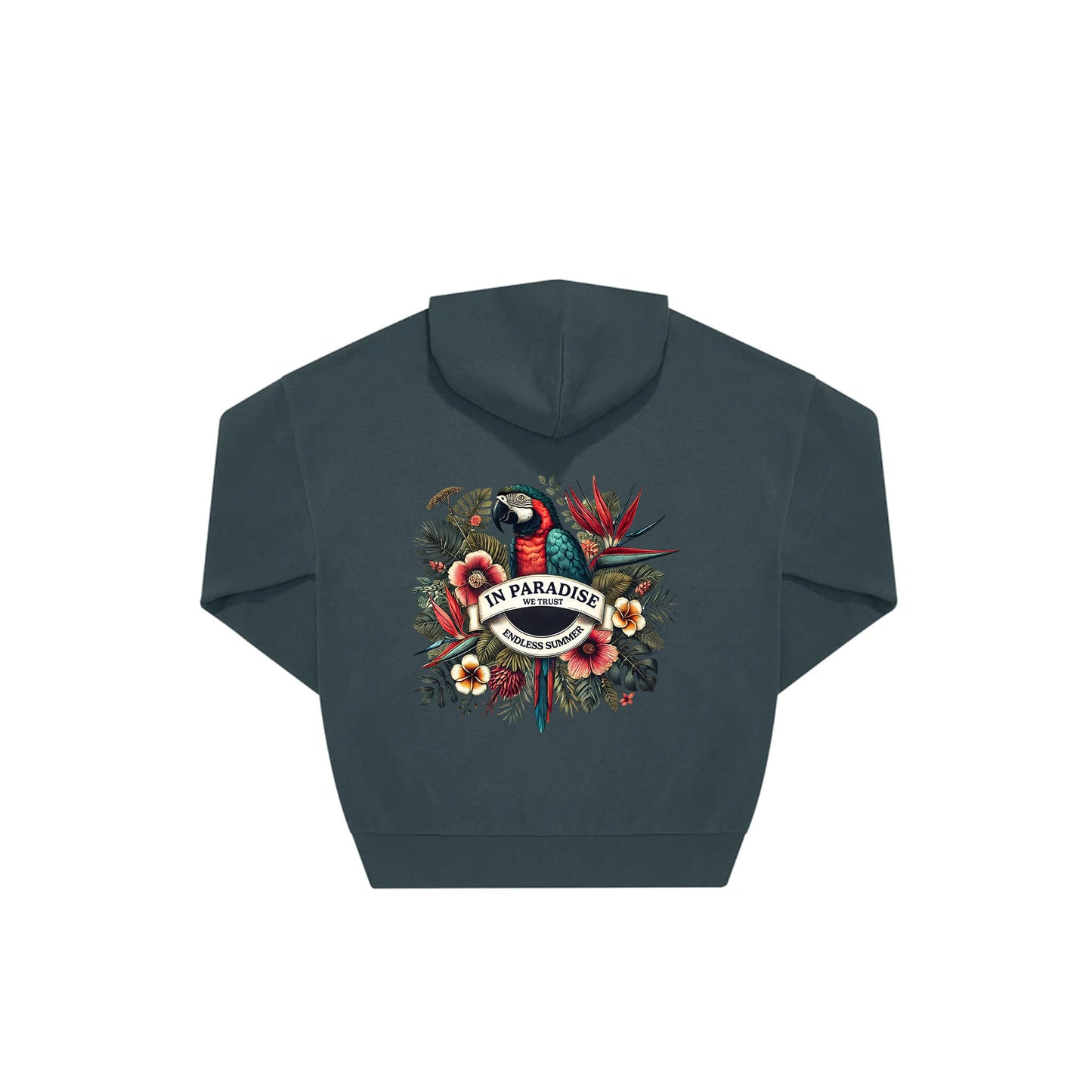 Rückseite amalfi farbener oversized Hoodie mit Ara-Aufdruck in botanischem Gewand