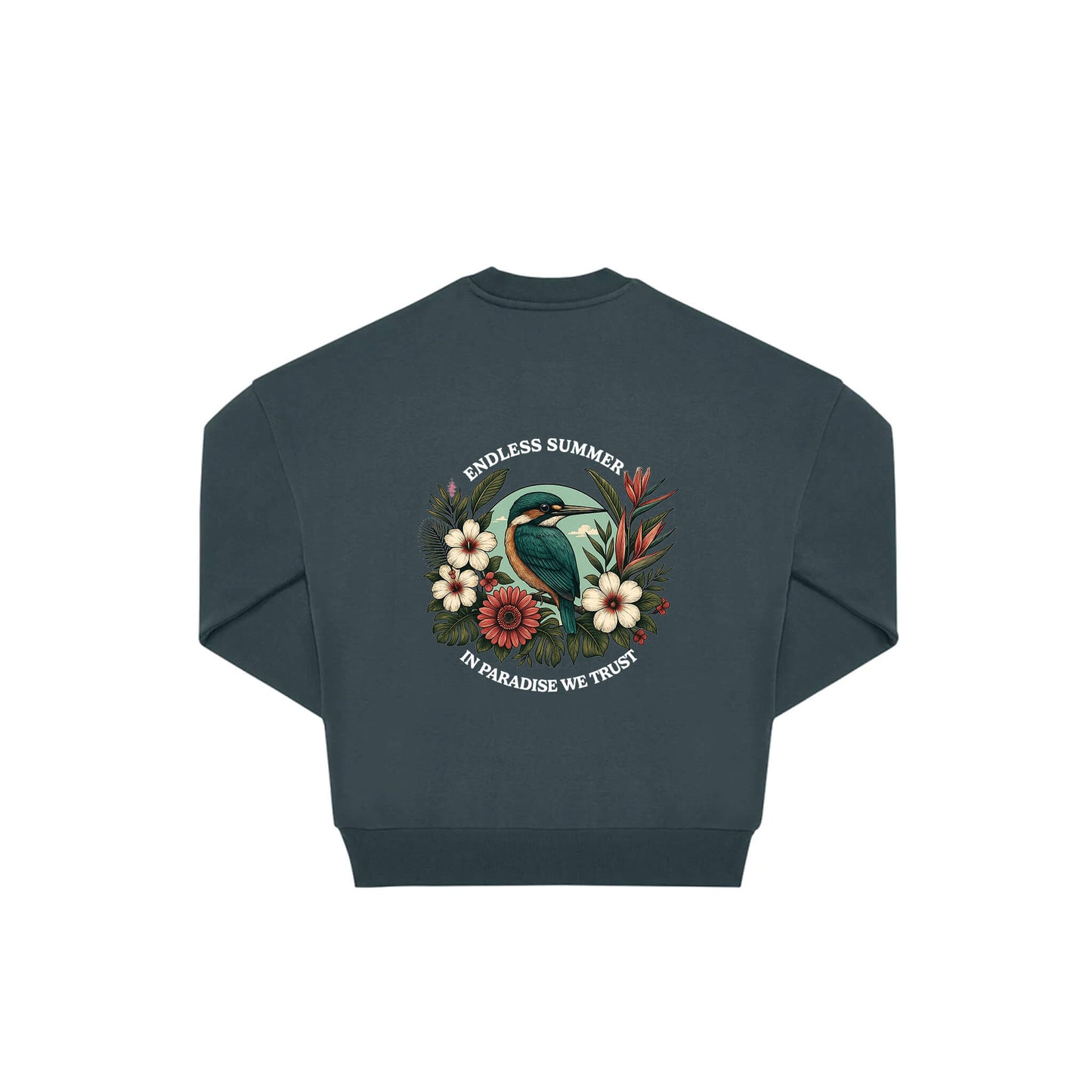 Rückseite amalfi farbener oversized Pullover mit Eisvogel-Aufdruck in botanischem Gewand