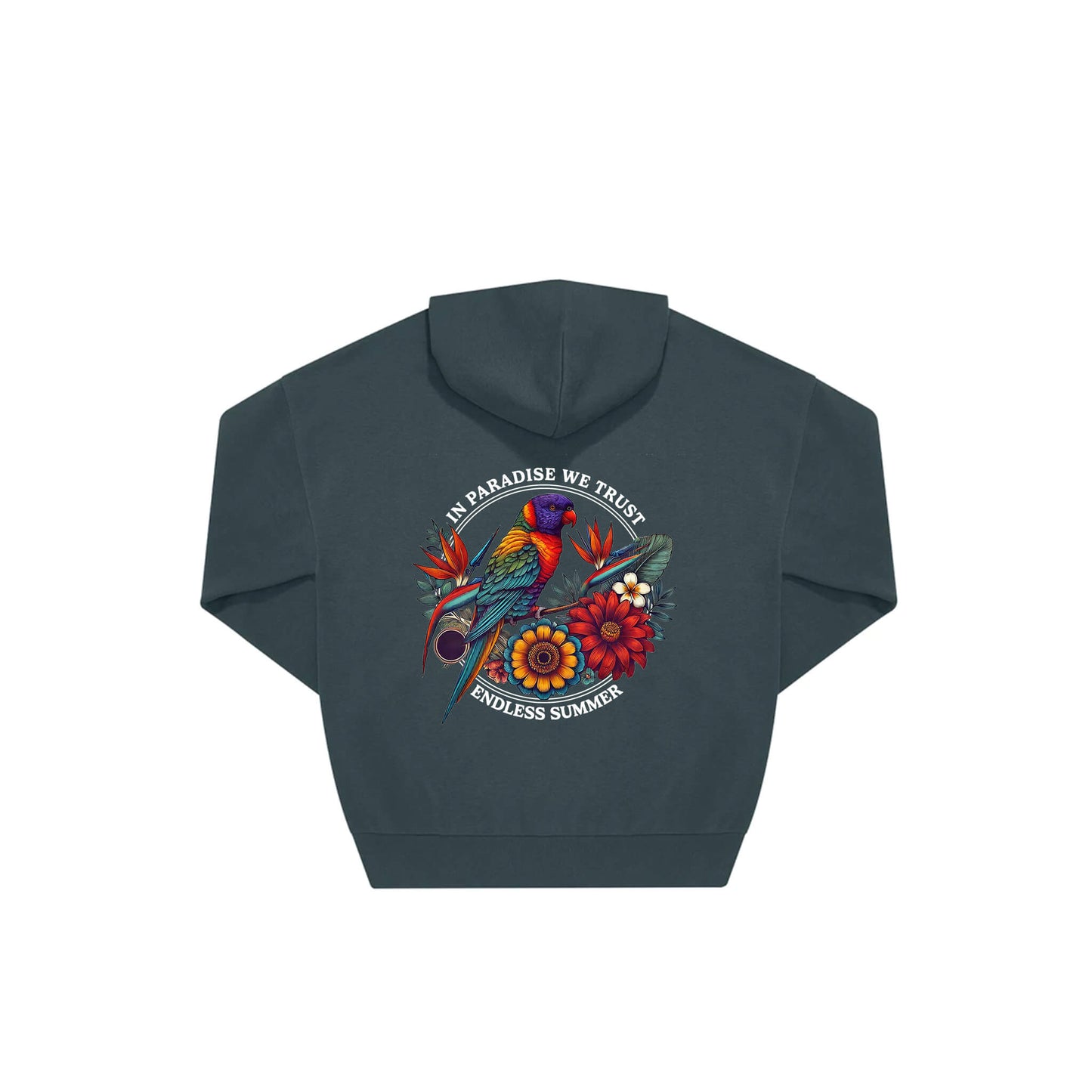 Rückseite amalfi farbener oversized Hoodie mit Lorikeet-Aufdruck in botanischem Gewand mit 2 Ringen umzogen