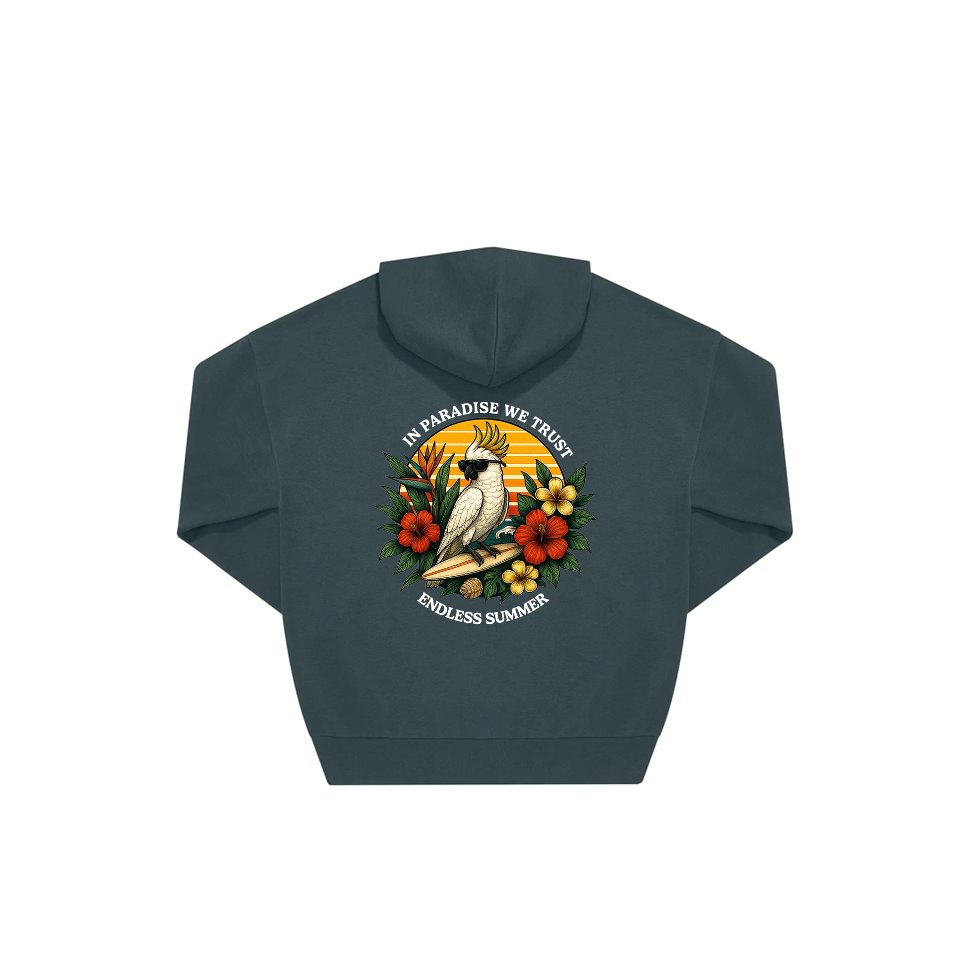 Rückseite amalfi farbiger oversized Hoodie mit Kakadoo-Aufdruck in botanischem Gewand aus der Summer Birdy Kollektion