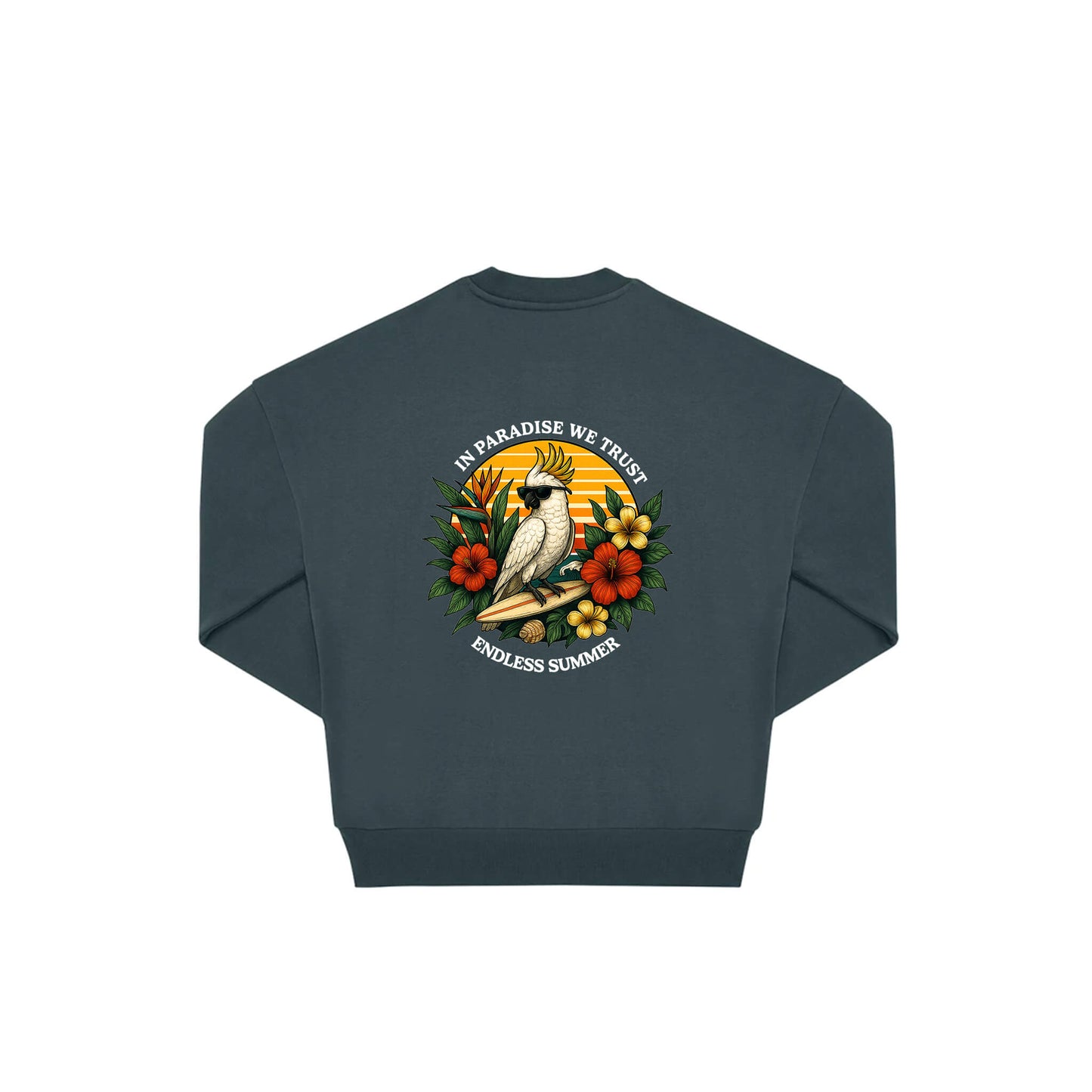 Rückseite amalfi farbiger oversized Pullover mit Kakado-Aufdruck in botanischem Gewand aus der Summer Birdy Kollektion