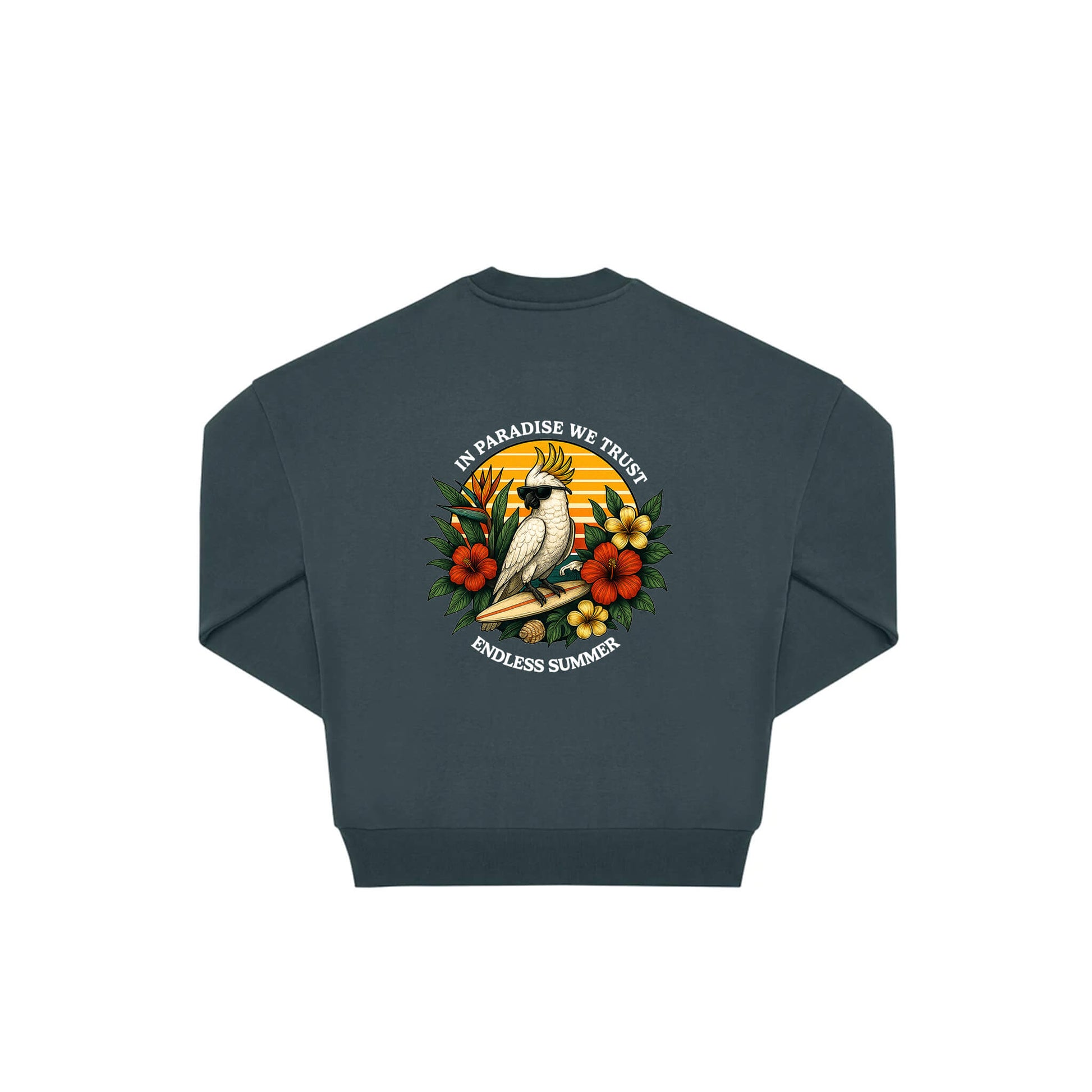 Rückseite amalfi farbiger oversized Pullover mit Kakado-Aufdruck in botanischem Gewand aus der Summer Birdy Kollektion