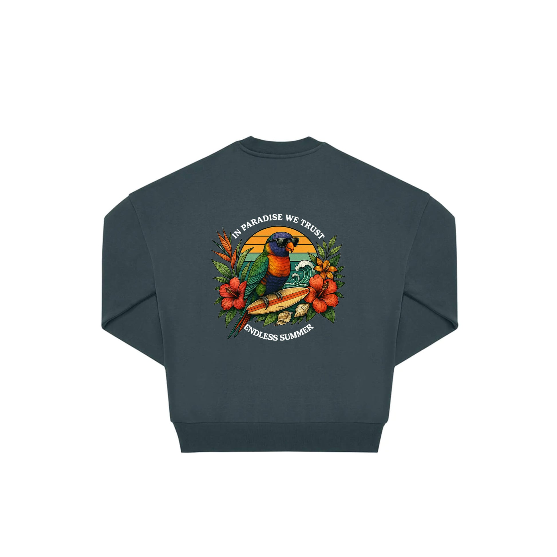 Rückseite amalfi farbiger oversized Pullover mit Lorikeet-Aufdruck in botanischem Gewand aus der Summer Birdy Kollektion