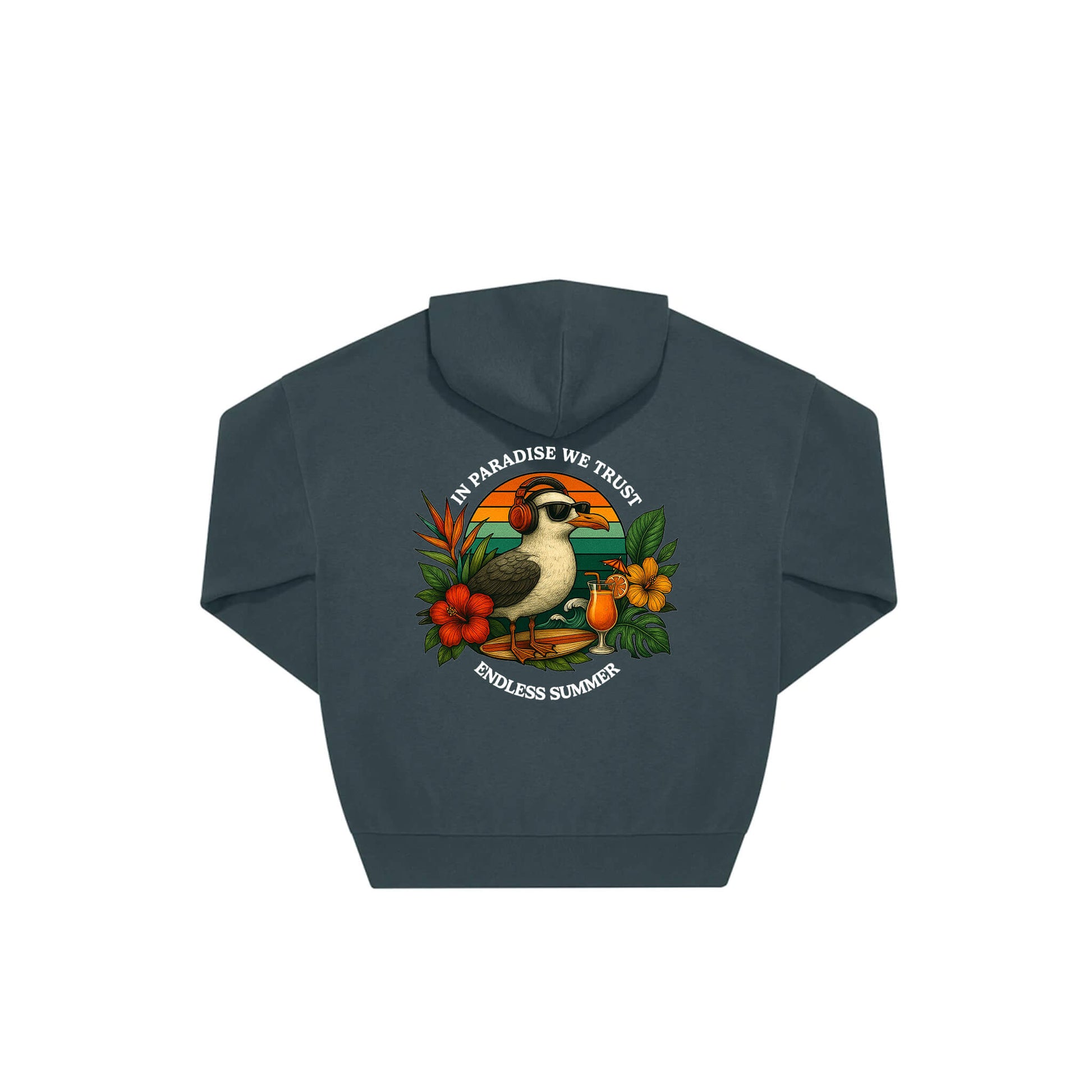 Rückseite amalfi farbiger oversized Hoodie mit Möve-Aufdruck in botanischem Gewand aus der Summer Birdy Kollektion