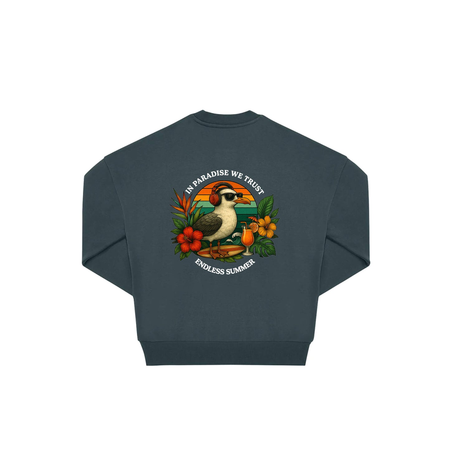 Rückseite amalfi farbiger oversized Pullover mit Möve-Aufdruck in botanischem Gewand aus der Summer Birdy Kollektion