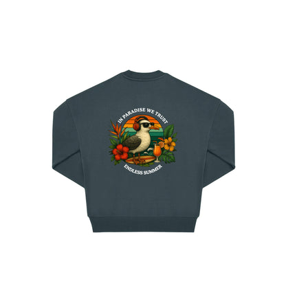 Rückseite amalfi farbiger oversized Pullover mit Möve-Aufdruck in botanischem Gewand aus der Summer Birdy Kollektion