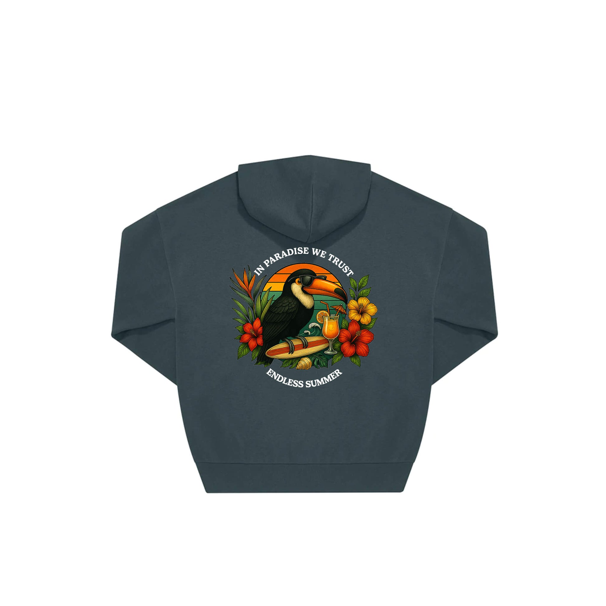 Rückseite amalfi farbiger oversized Hoodie mit Tukan-Aufdruck in botanischem Gewand aus der Summer Birdy Kollektion