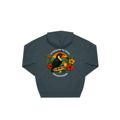 Rückseite amalfi farbiger oversized Hoodie mit Tukan-Aufdruck in botanischem Gewand aus der Summer Birdy Kollektion