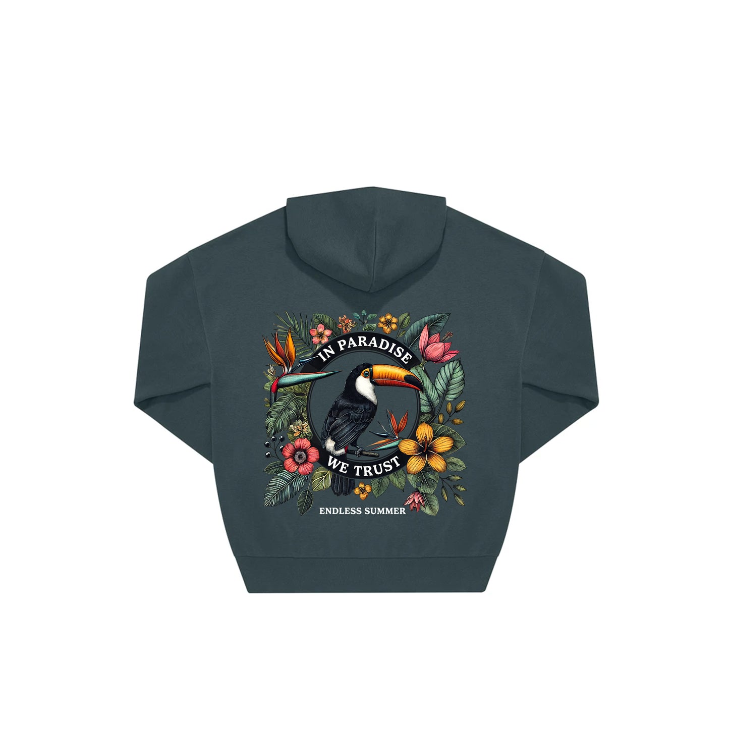 Rückseite amalfi oversized Hoodie mit Tukan-Aufdruck in botanischem Gewand