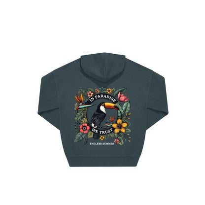 Rückseite amalfi oversized Hoodie mit Tukan-Aufdruck in botanischem Gewand