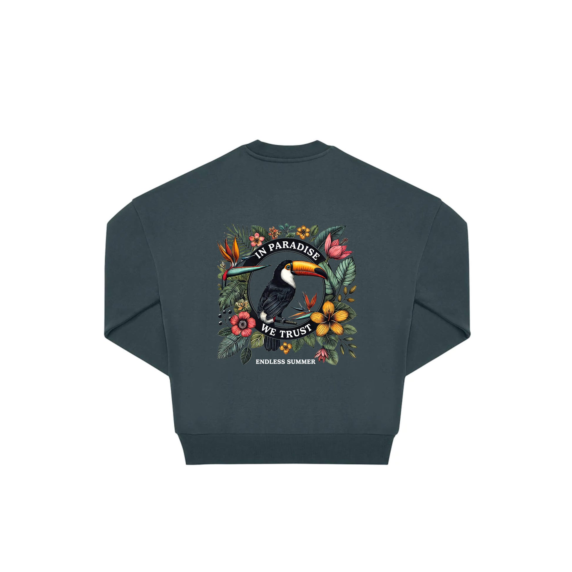 Rückseite amalfi farbener oversized Pullover mit Tukan-Aufdruck in botanischem Gewand