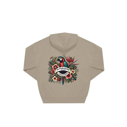 Rückseite beiger oversized Hoodie mit Ara-Aufdruck in botanischem Gewand