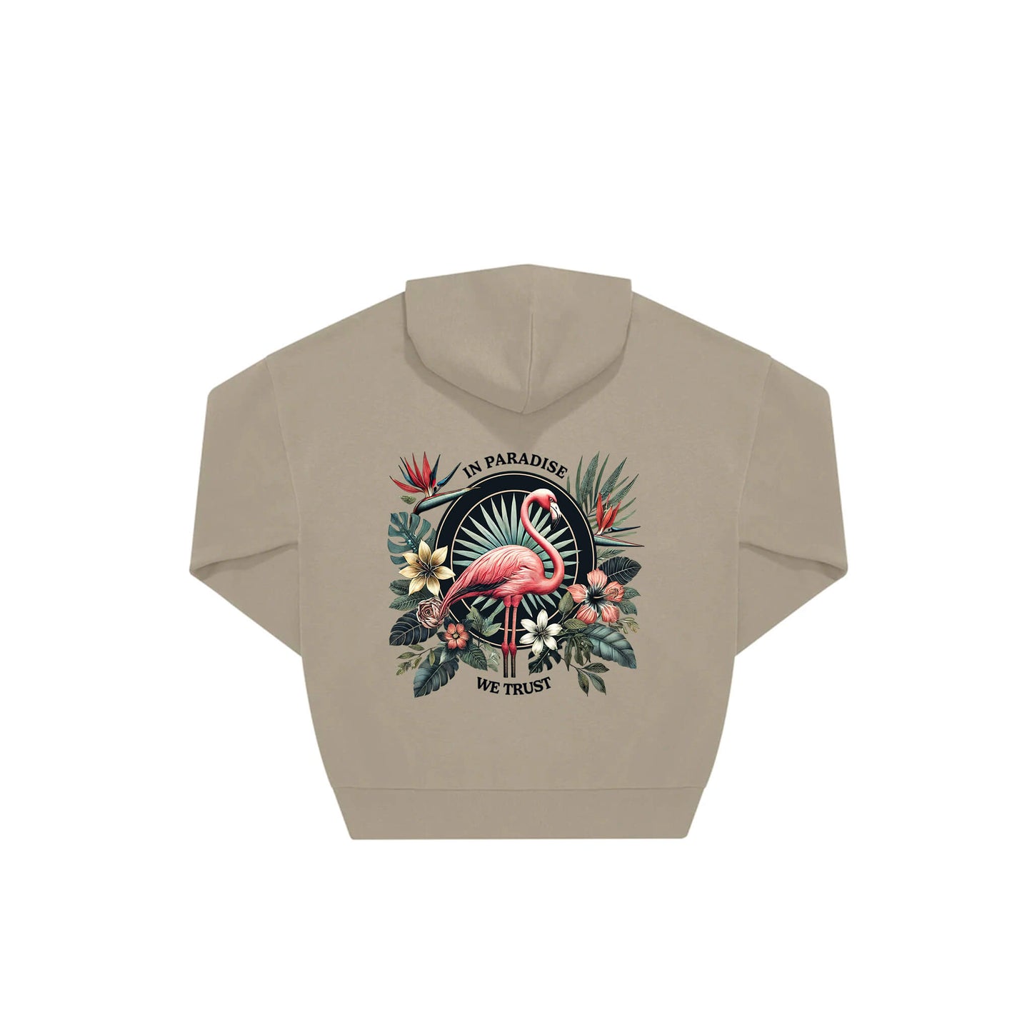 Rückseite beiger oversized Hoodie mit Flamingo-Aufdruck in botanischem Gewand