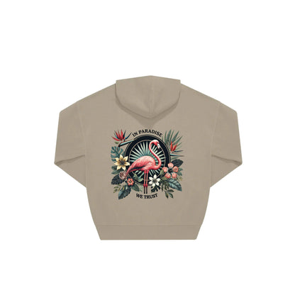 Rückseite beiger oversized Hoodie mit Flamingo-Aufdruck in botanischem Gewand