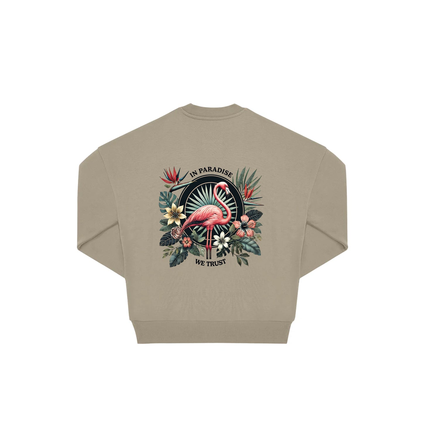 Rückseite beiger oversized Pullover mit Flamingo-Aufdruck in botanischem Gewand