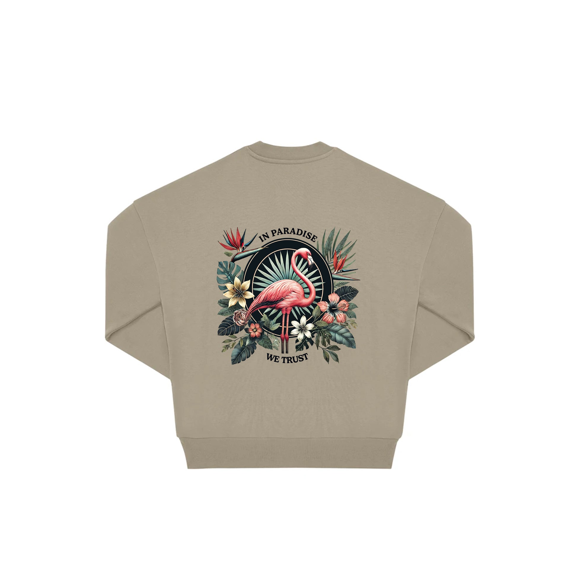 Rückseite beiger oversized Pullover mit Flamingo-Aufdruck in botanischem Gewand