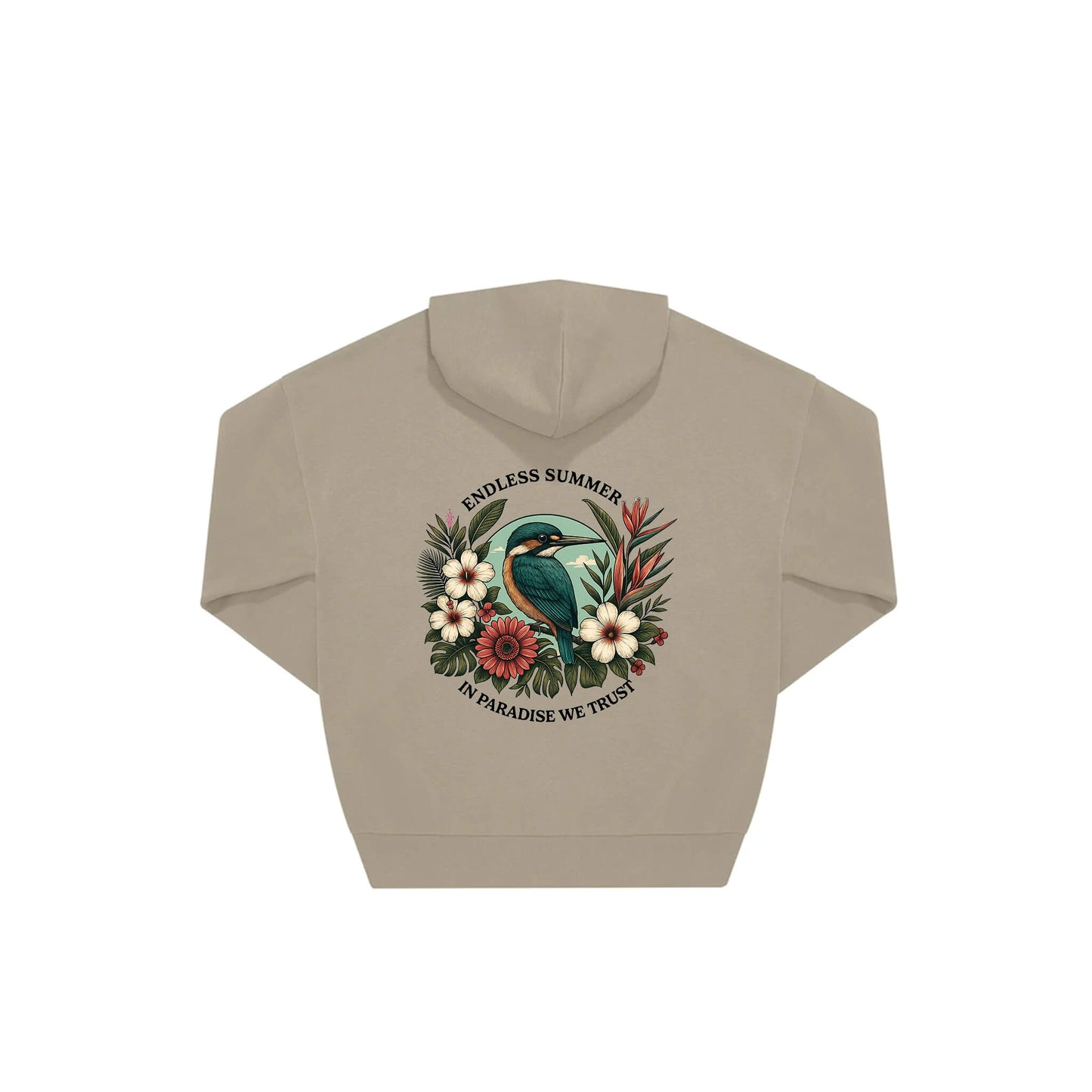 Rückseite beiger oversized Pullover mit Eisvogel-Aufdruck in botanischem Gewand