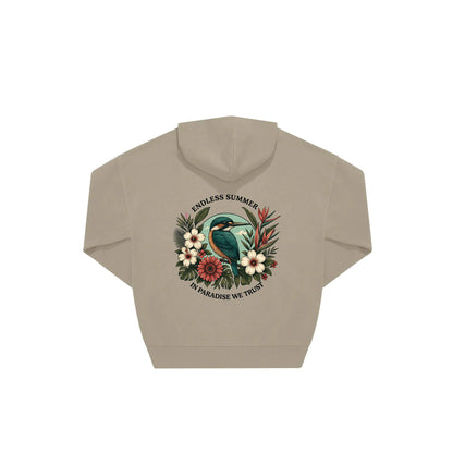 Rückseite beiger oversized Pullover mit Eisvogel-Aufdruck in botanischem Gewand