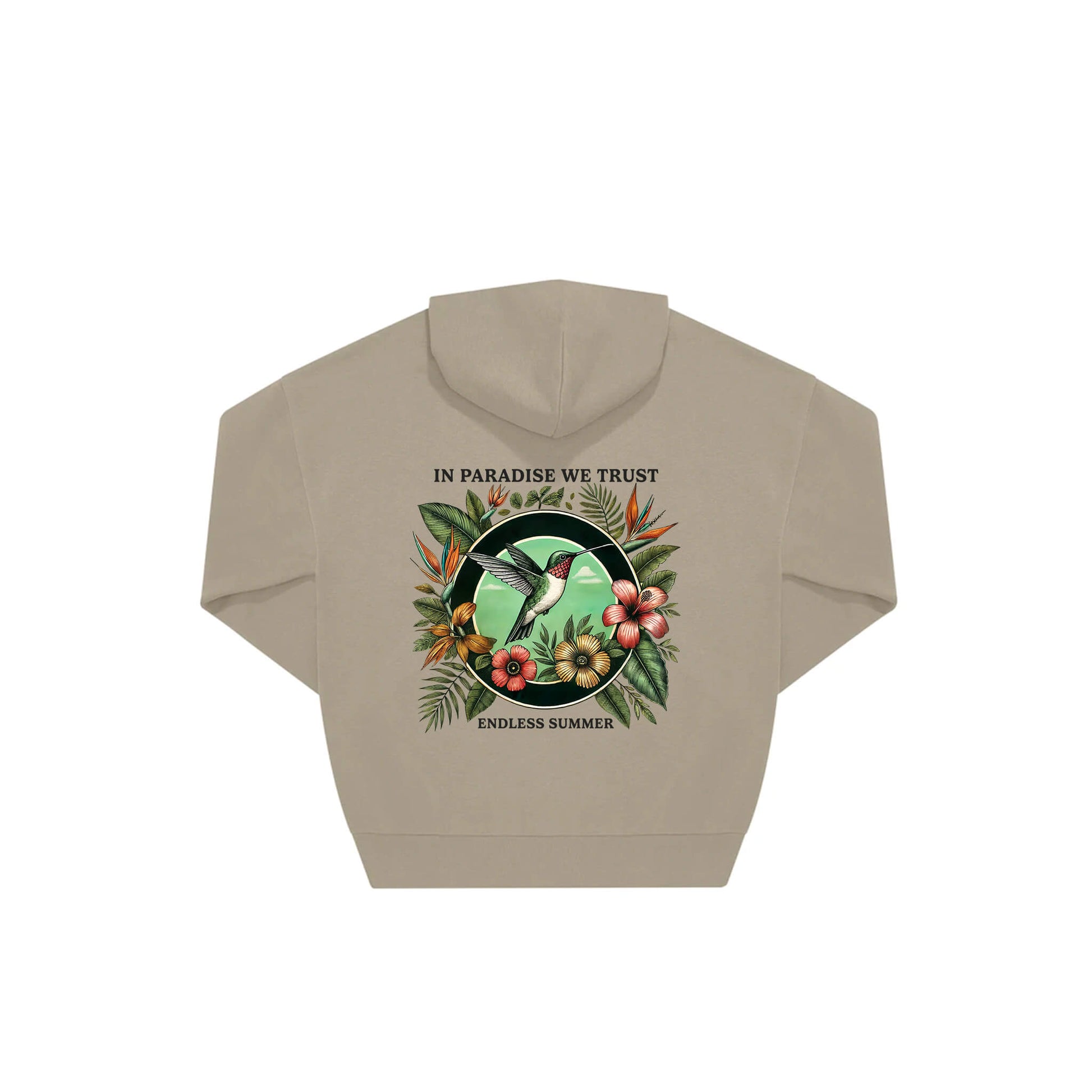 Rückseite beiger oversized Hoodie mit Kolibri-Aufdruck in botanischem Gewand