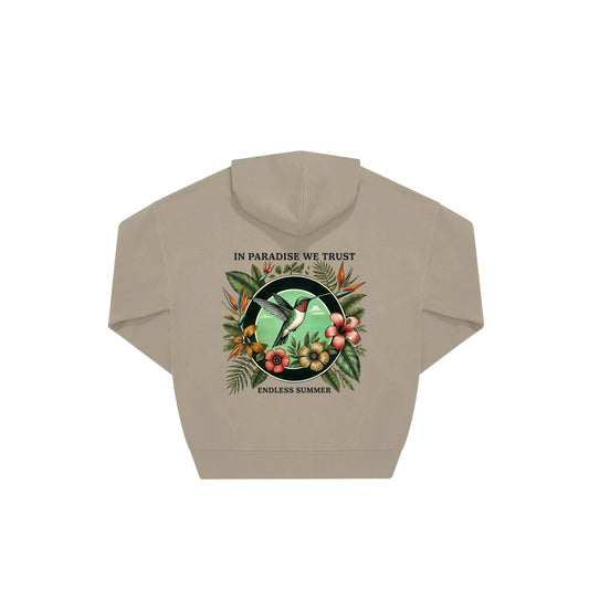 Rückseite beiger oversized Hoodie mit Kolibri-Aufdruck in botanischem Gewand