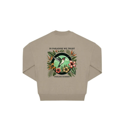 Rückseite grauer oversized Pullover mit Kolibri-Aufdruck in botanischem Gewand