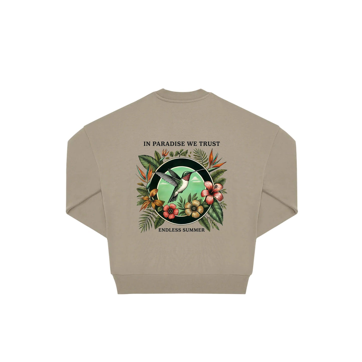 Rückseite beiger oversized Pullover mit Kolibri-Aufdruck in botanischem Gewand