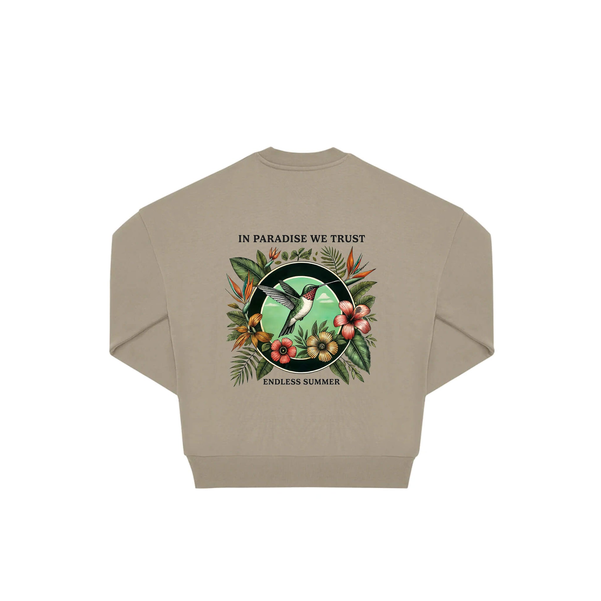 Rückseite beiger oversized Pullover mit Kolibri-Aufdruck in botanischem Gewand