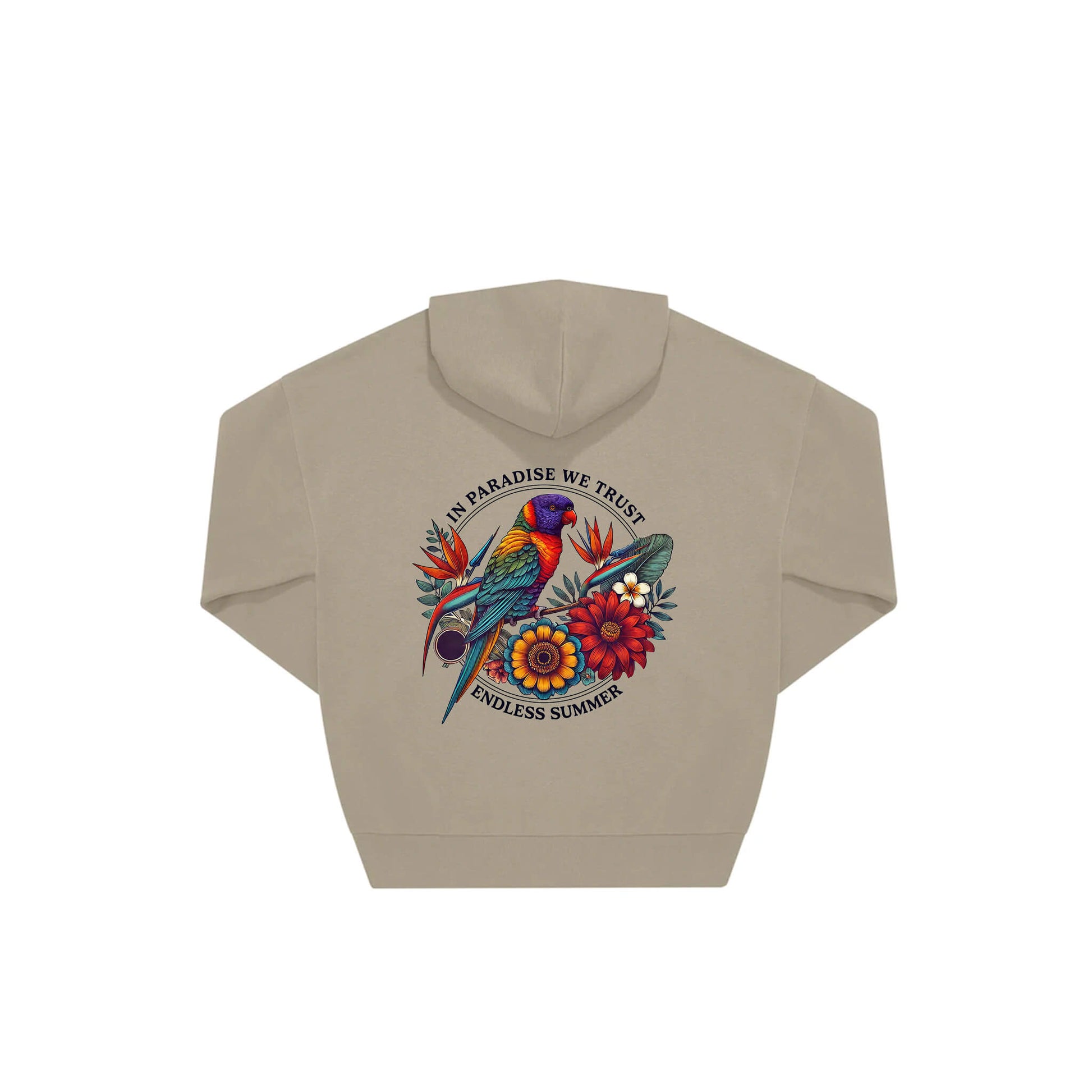 Rückseite beiger oversized Hoodie mit Lorikeet-Aufdruck in botanischem Gewand mit 2 Ringen umzogen