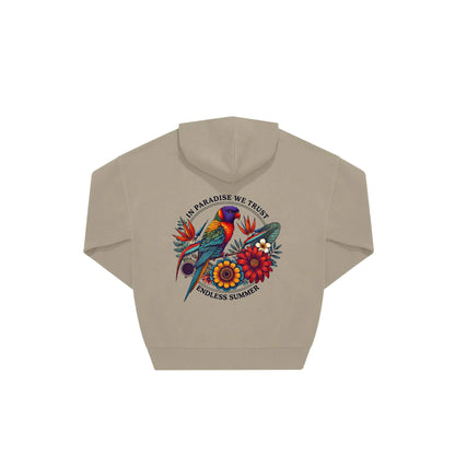 Rückseite beiger oversized Hoodie mit Lorikeet-Aufdruck in botanischem Gewand mit 2 Ringen umzogen