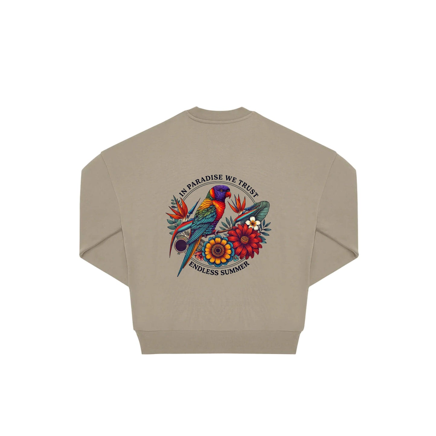 Rückseite beiger oversized Pullover mit Lorikeet-Aufdruck in botanischem Gewand mit 2 Ringen umzogen