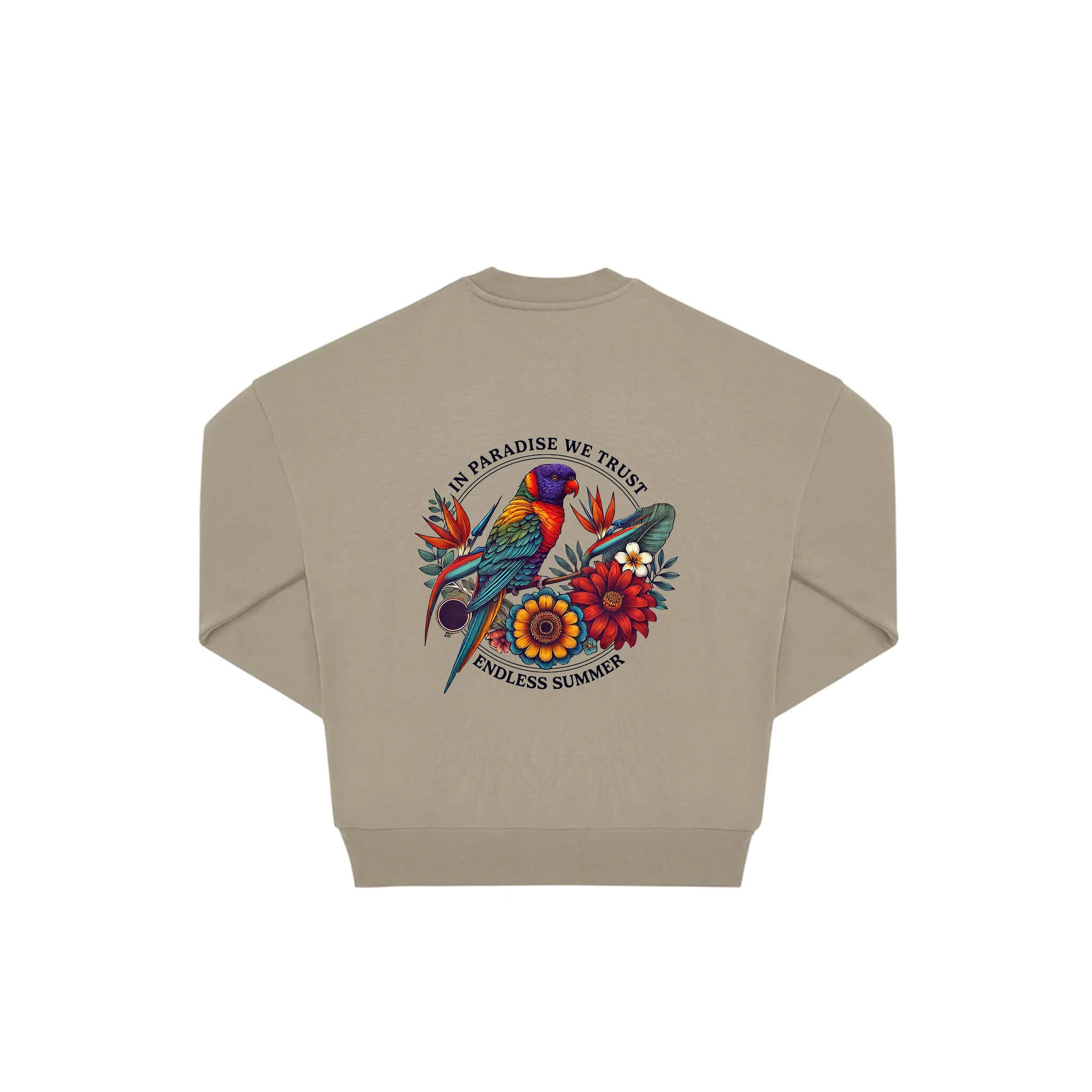 Rückseite beiger oversized Pullover mit Lorikeet-Aufdruck in botanischem Gewand mit 2 Ringen umzogen