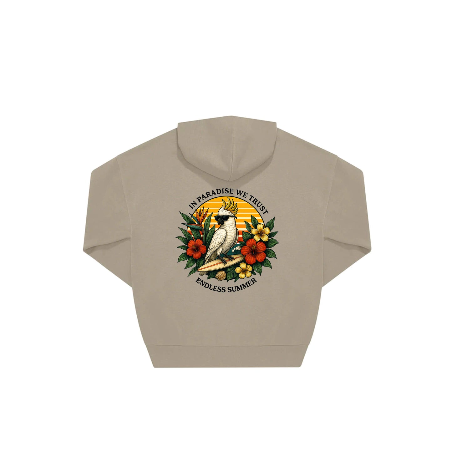 Rückseite beiger oversized Hoodie mit Kakadoo-Aufdruck in botanischem Gewand aus der Summer Birdy Kollektion