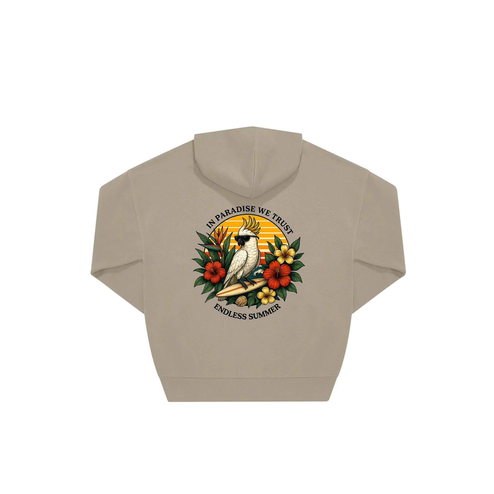 Rückseite beiger oversized Hoodie mit Kakadoo-Aufdruck in botanischem Gewand aus der Summer Birdy Kollektion