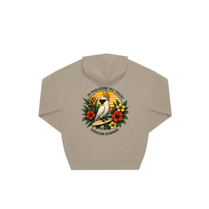 Rückseite beiger oversized Hoodie mit Kakadoo-Aufdruck in botanischem Gewand aus der Summer Birdy Kollektion