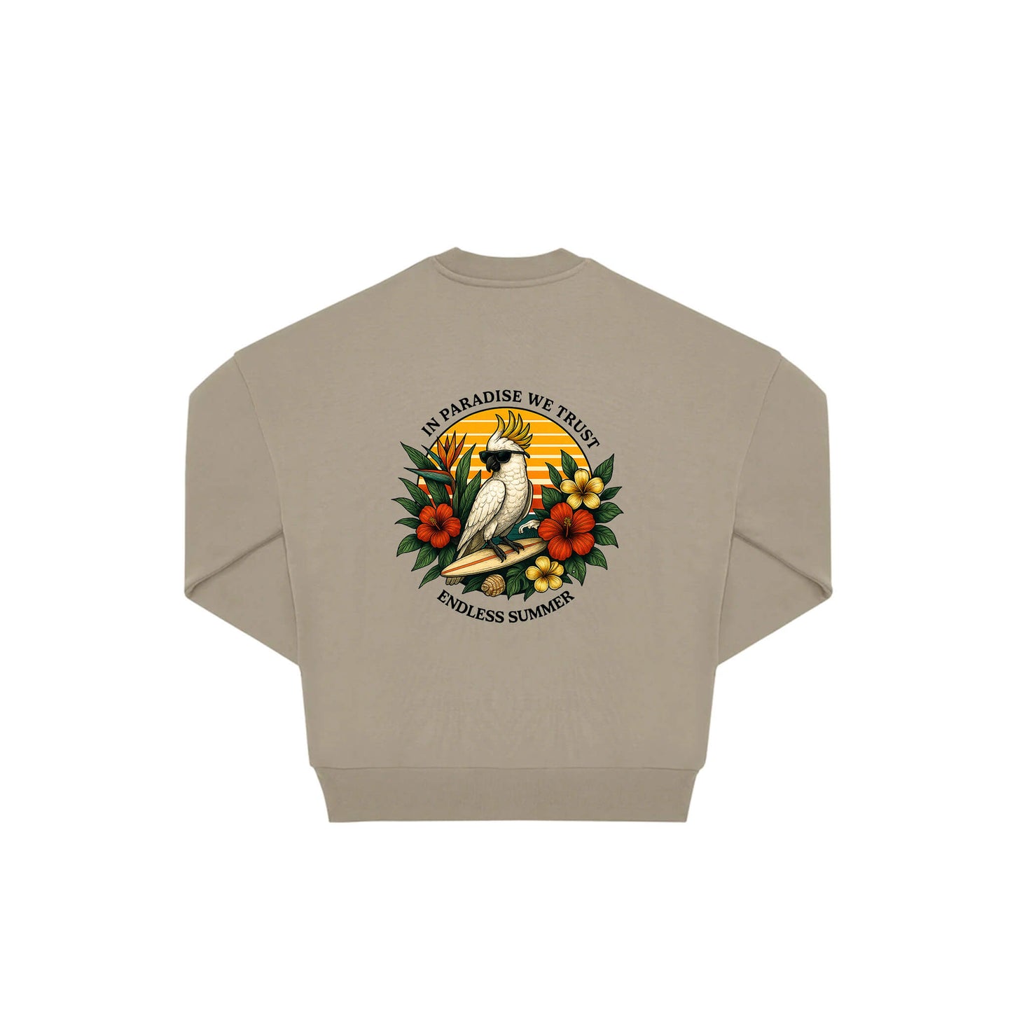 Rückseite beiger oversized Pullover mit Kakado-Aufdruck in botanischem Gewand aus der Summer Birdy Kollektion