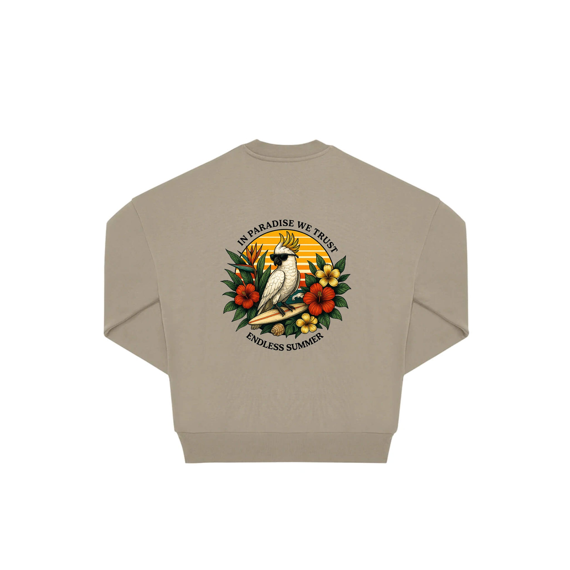 Rückseite beiger oversized Pullover mit Kakado-Aufdruck in botanischem Gewand aus der Summer Birdy Kollektion