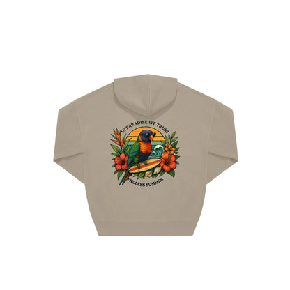Rückseite beiger oversized Hoodie mit Lorikeet-Aufdruck in botanischem Gewand aus der Summer Birdy Kollektion