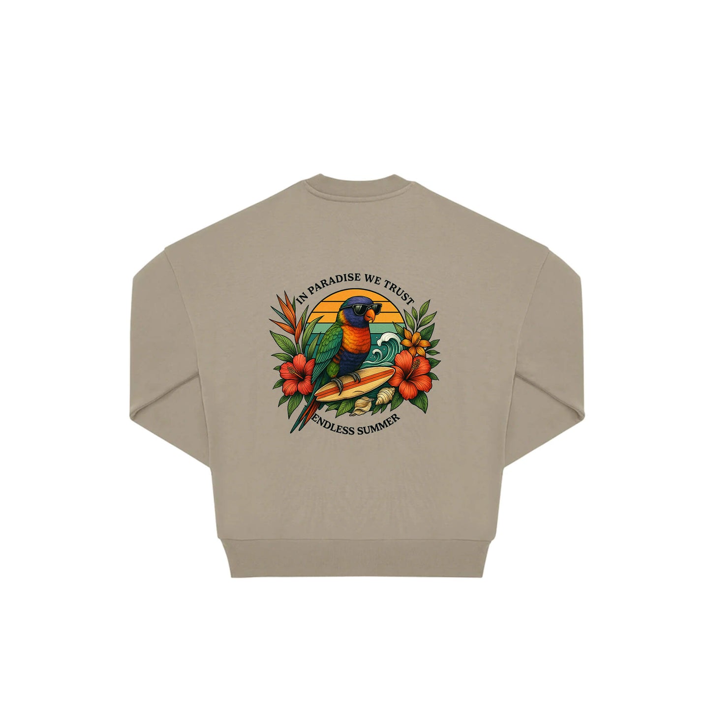 Rückseite beige farbiger oversized Pullover mit Lorikeet-Aufdruck in botanischem Gewand aus der Summer Birdy Kollektion