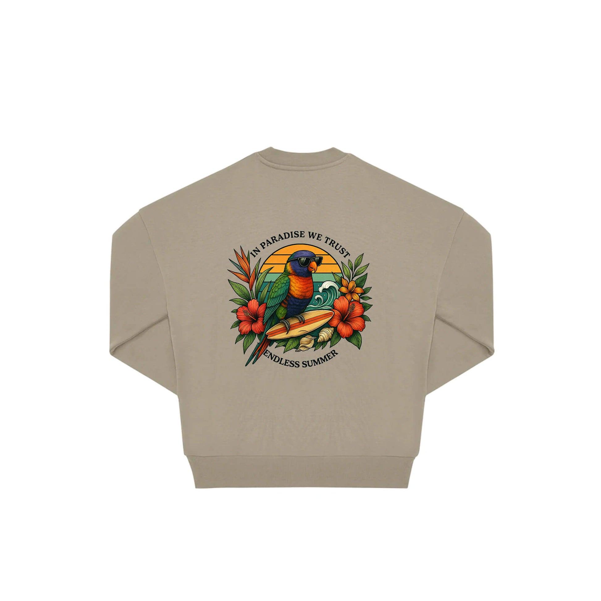 Rückseite beige farbiger oversized Pullover mit Lorikeet-Aufdruck in botanischem Gewand aus der Summer Birdy Kollektion