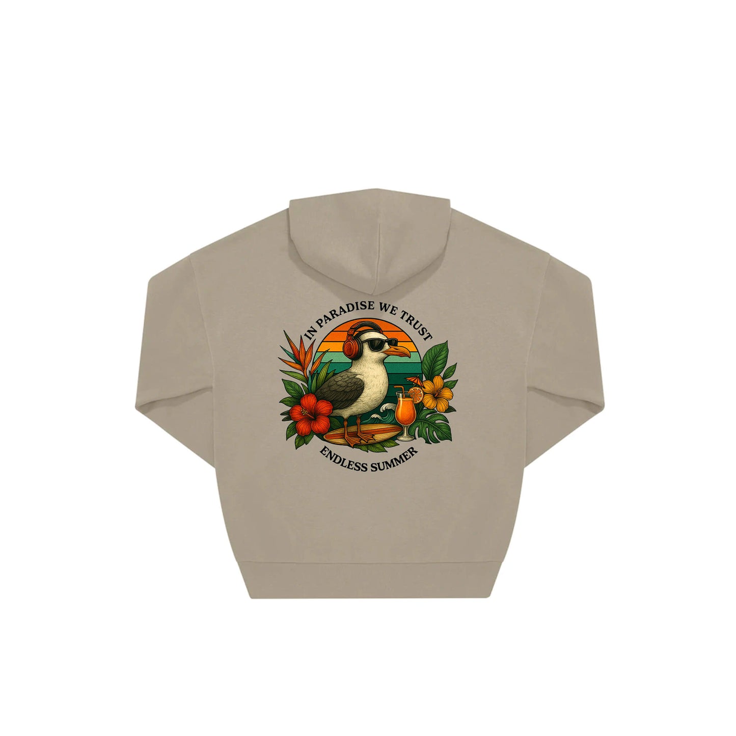 Rückseite beiger oversized Hoodie mit Möve-Aufdruck in botanischem Gewand aus der Summer Birdy Kollektion