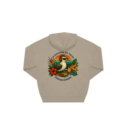 Rückseite beiger oversized Hoodie mit Möve-Aufdruck in botanischem Gewand aus der Summer Birdy Kollektion