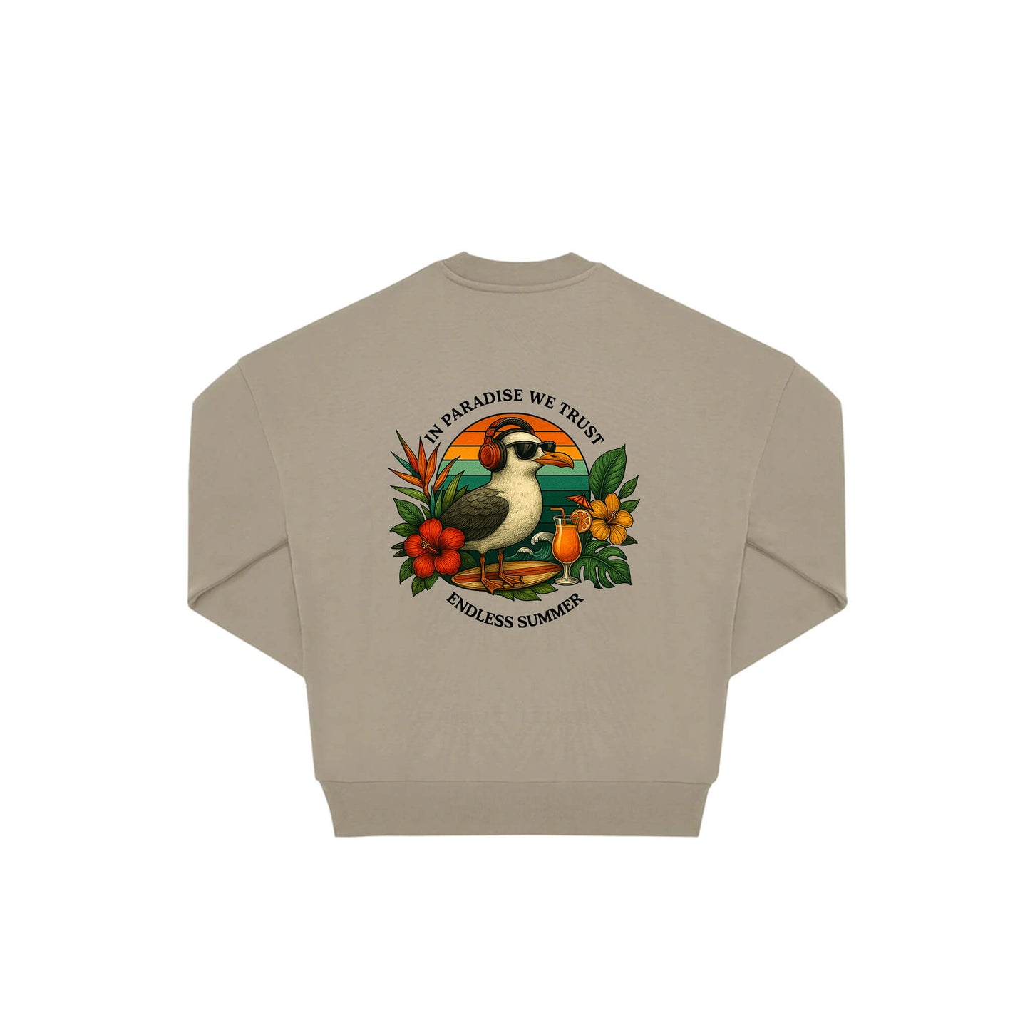 Rückseite beige farbiger oversized Pullover mit Möve-Aufdruck in botanischem Gewand aus der Summer Birdy Kollektion