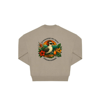 Rückseite beige farbiger oversized Pullover mit Möve-Aufdruck in botanischem Gewand aus der Summer Birdy Kollektion