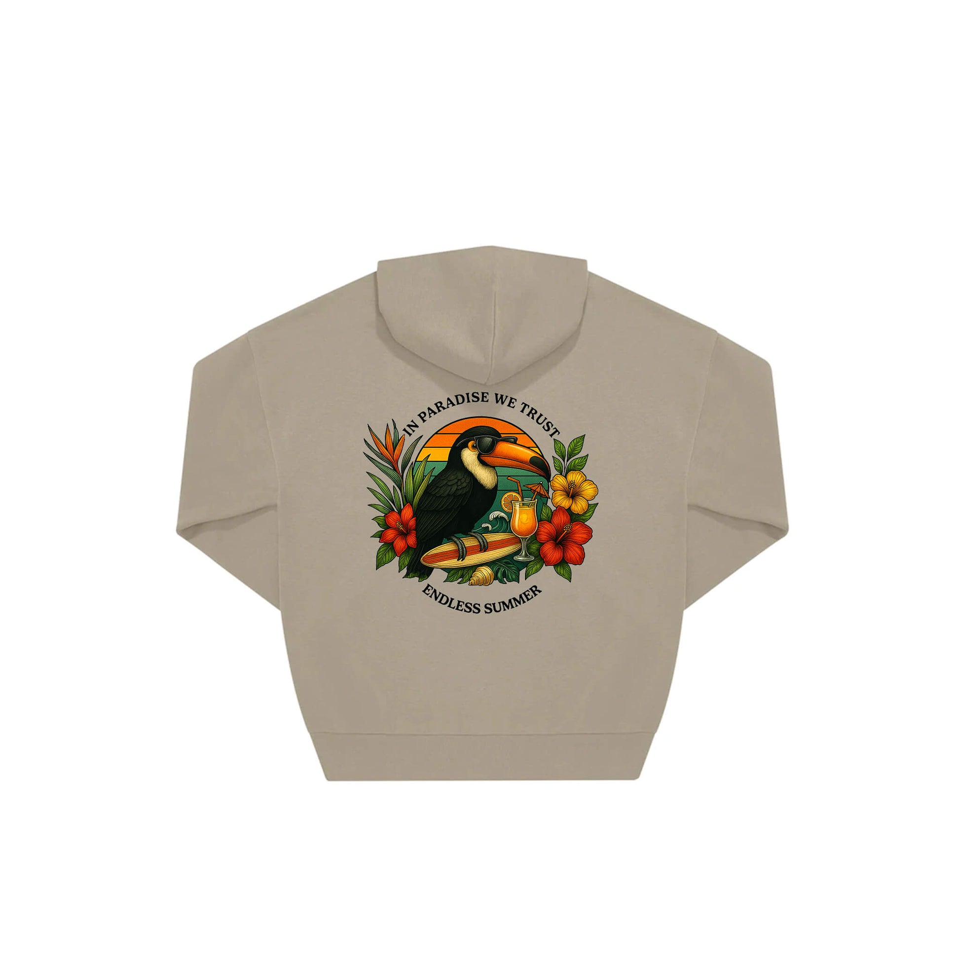 Rückseite beiger oversized Hoodie mit Tukan-Aufdruck in botanischem Gewand aus der Summer Birdy Kollektion