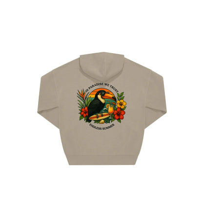 Rückseite beiger oversized Hoodie mit Tukan-Aufdruck in botanischem Gewand aus der Summer Birdy Kollektion