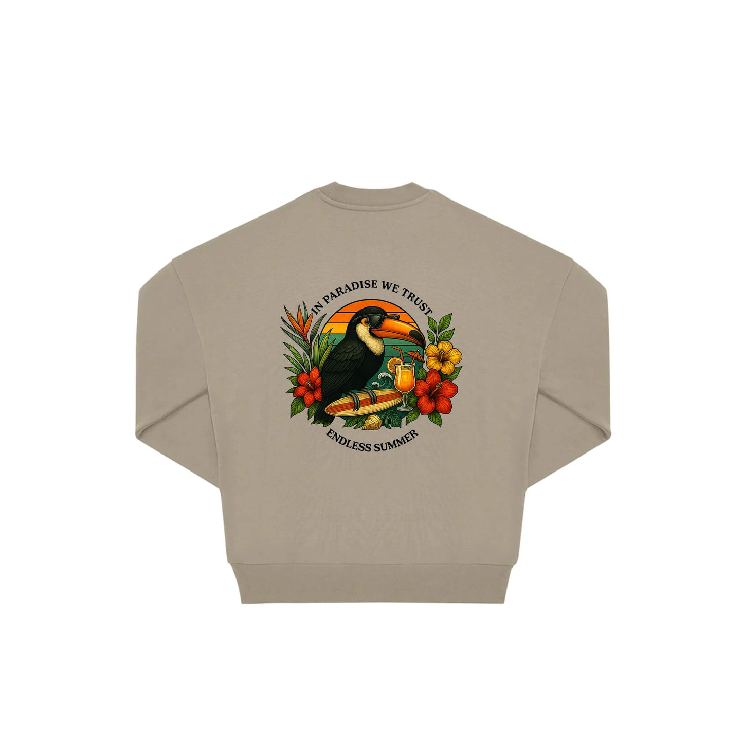 Rückseite beige farbiger oversized Pullover mit Tukan-Aufdruck in botanischem Gewand aus der Summer Birdy Kollektion
