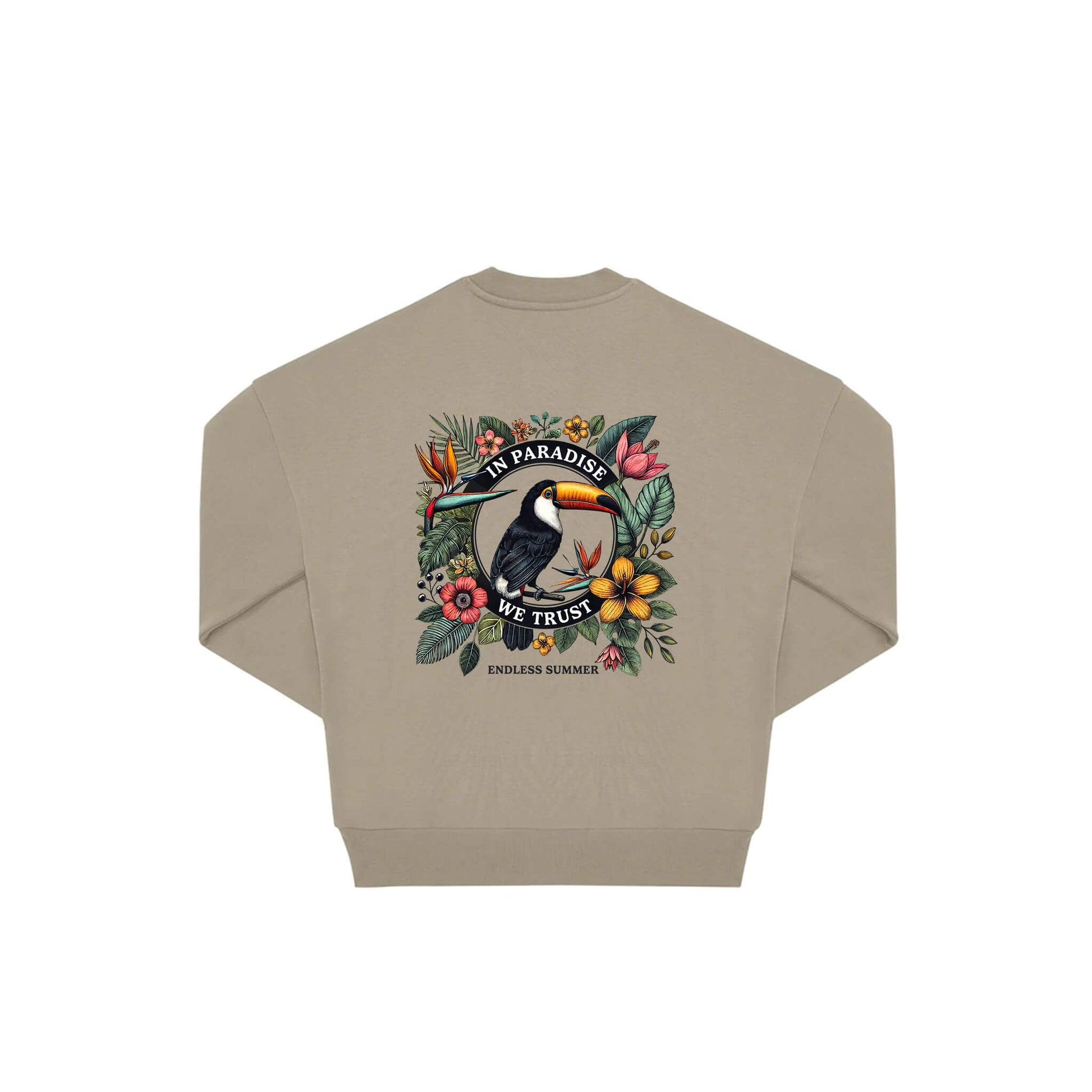 Rückseite beiger oversized Pullover mit Turkan-Aufdruck in botanischem Gewand