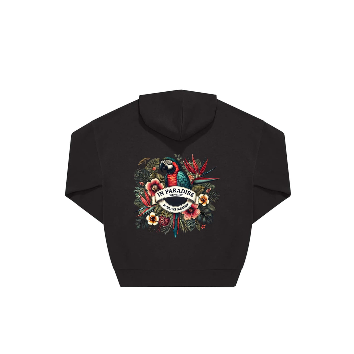 Rückseite schwarzer oversized Hoodie mit Ara-Aufdruck in botanischem Gewand