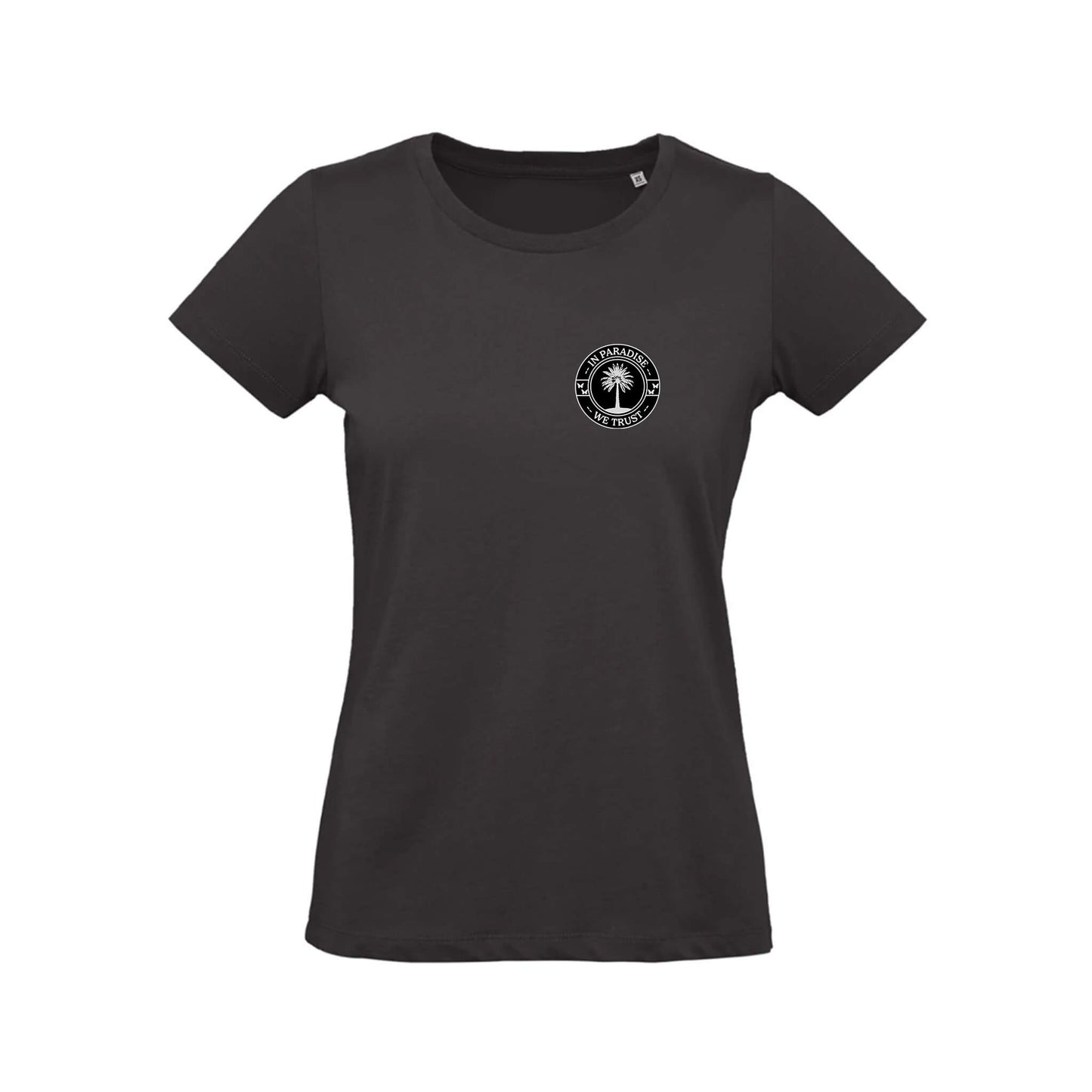 Schwarzes T-Shirt für Frauen mit Frontprint. Das Motiv zeigt in klein rechts auf der Brust das IPWT Logo. "IN PARADISE WE TRUST" in weißer Schrift