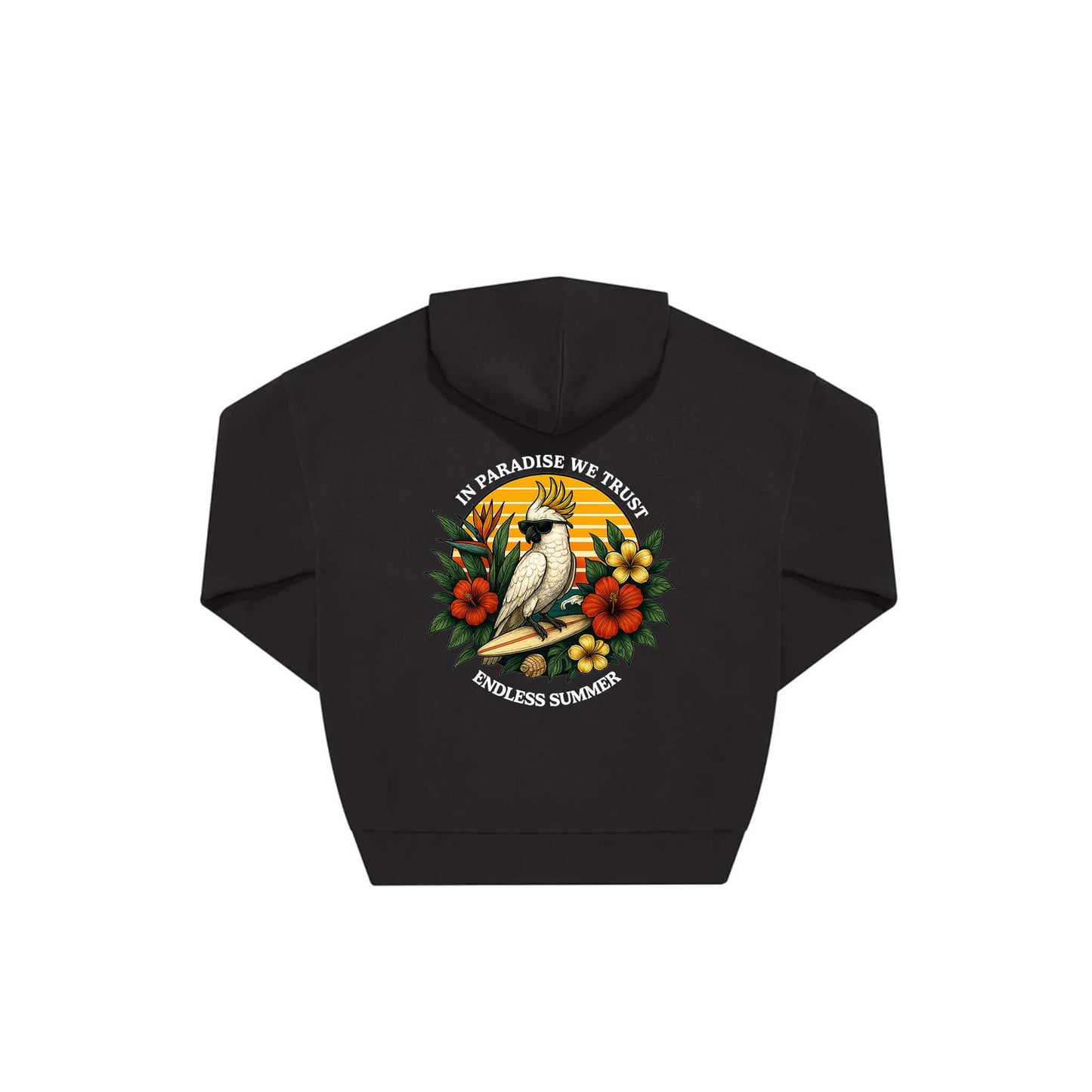 Rückseite schwarzer oversized Hoodie mit Kakadoo-Aufdruck in botanischem Gewand aus der Summer Birdy Kollektion